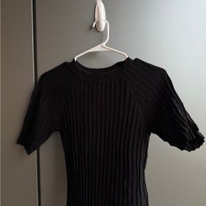 Free People Black Ribbed Short Sleeve Tee